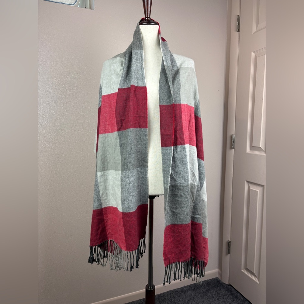 Red, grey, and black soft scarf - Picture 2 of 5